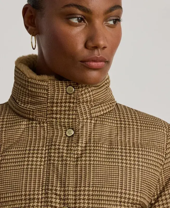 Women's Faux-Fur Hooded Puffer Coat - Camel Cognac Check - 3