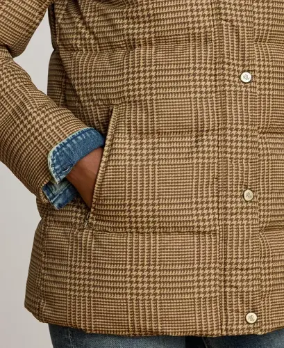 Women's Faux-Fur Hooded Puffer Coat - Camel Cognac Check - 4