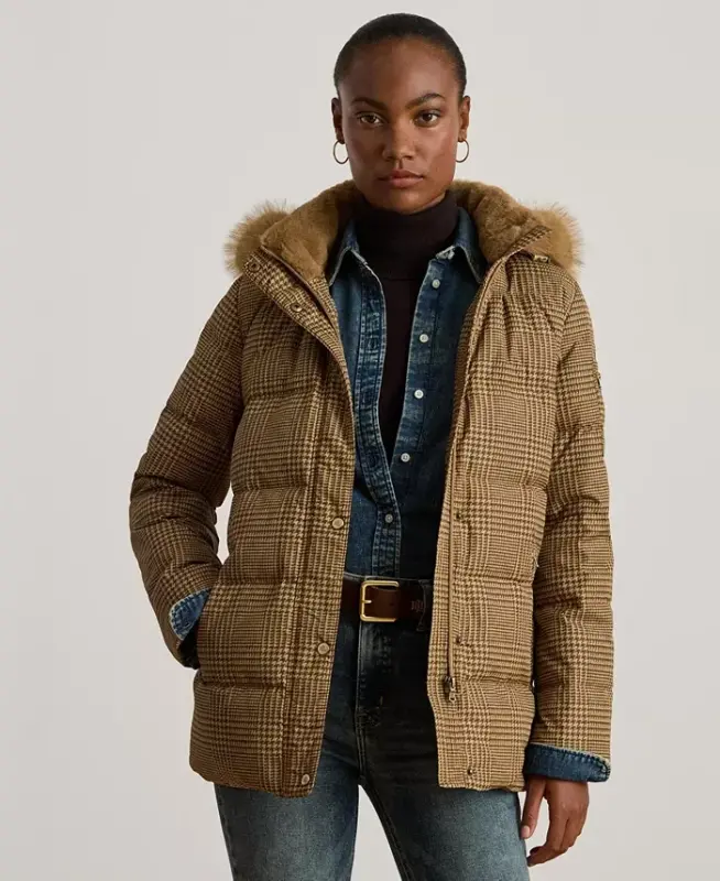 Women's Faux-Fur Hooded Puffer Coat - Camel Cognac Check - LAUREN RALPH LAUREN