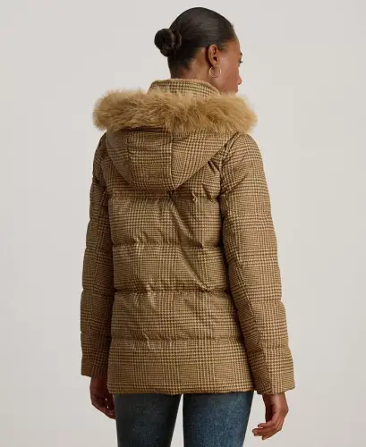 Women's Faux-Fur Hooded Puffer Coat - Camel Cognac Check - LAUREN RALPH LAUREN (1)