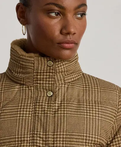 Women's Faux-Fur Hooded Puffer Coat - Camel Cognac Check - 3