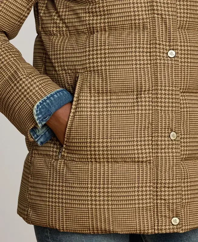 Women's Faux-Fur Hooded Puffer Coat - Camel Cognac Check - 4