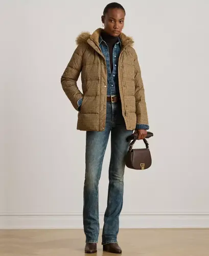 Women's Faux-Fur Hooded Puffer Coat - Camel Cognac Check - 5