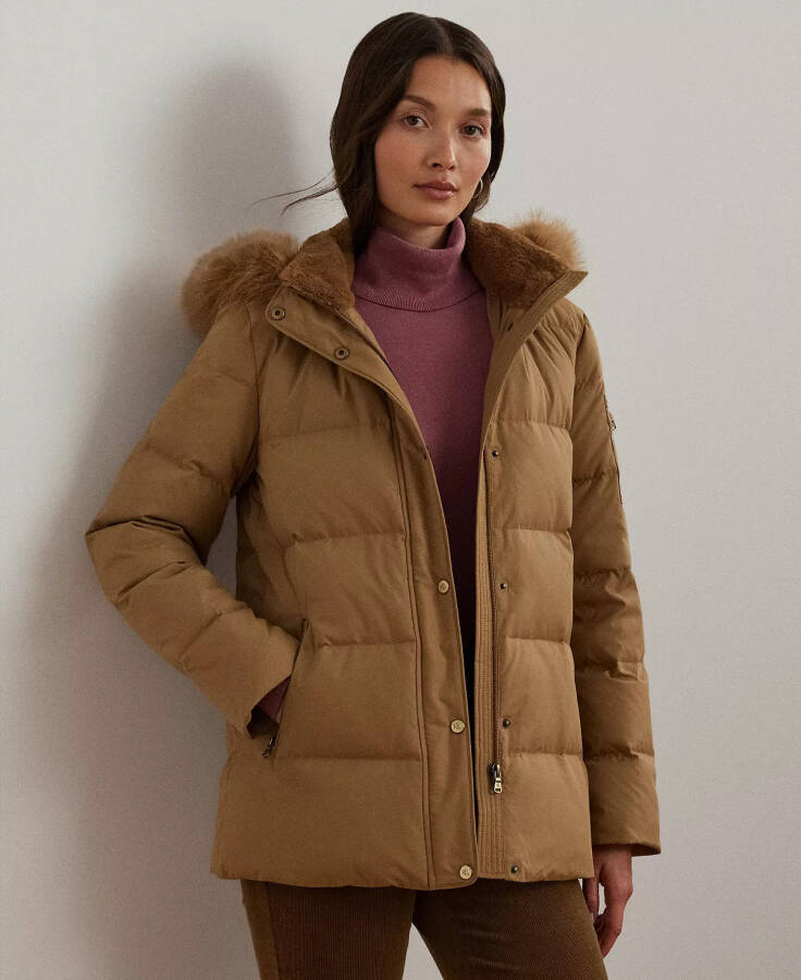 Women's Faux-Fur Hooded Puffer Coat Classic Camel - 1