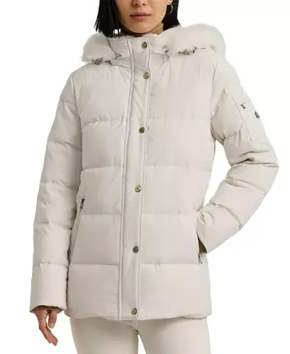 Women's Faux-Fur Hooded Puffer Coat - Cream - 1