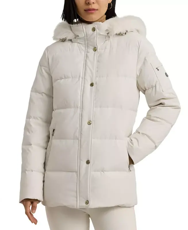 Women's Faux-Fur Hooded Puffer Coat - Cream - 1