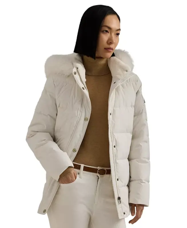 Women's Faux-Fur Hooded Puffer Coat - Cream - 6