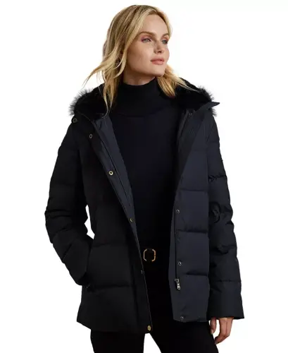 Women's Faux-Fur Hooded Puffer Coat - Dark Navy - 1