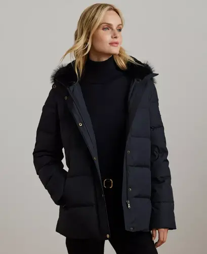 Women's Faux-Fur Hooded Puffer Coat-Dk Navy - 1