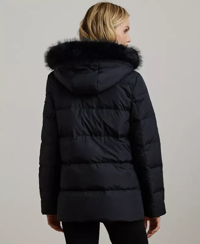 Women's Faux-Fur Hooded Puffer Coat-Dk Navy - 2