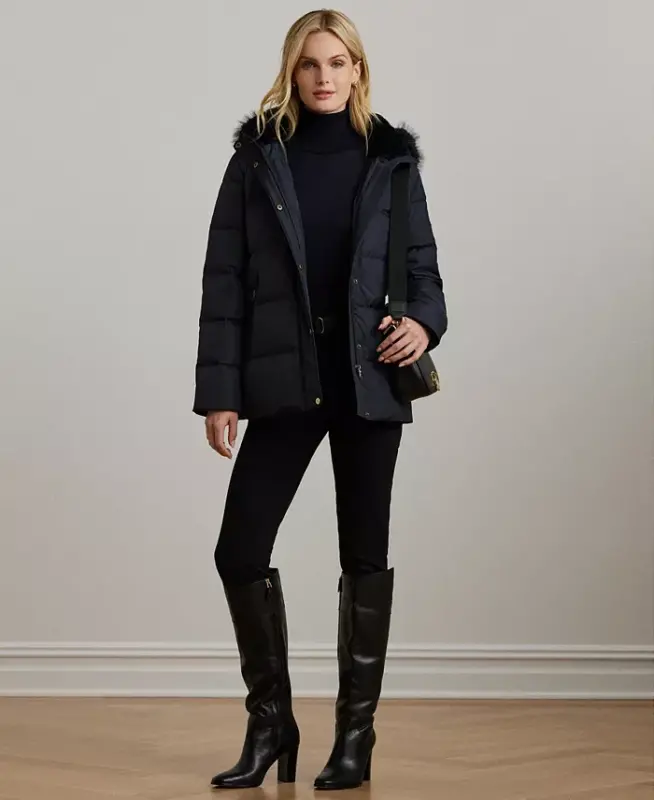 Women's Faux-Fur Hooded Puffer Coat-Dk Navy - 6