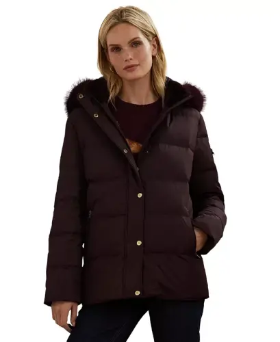 Women's Faux-Fur Hooded Puffer Coat - Pinot Noir - 1