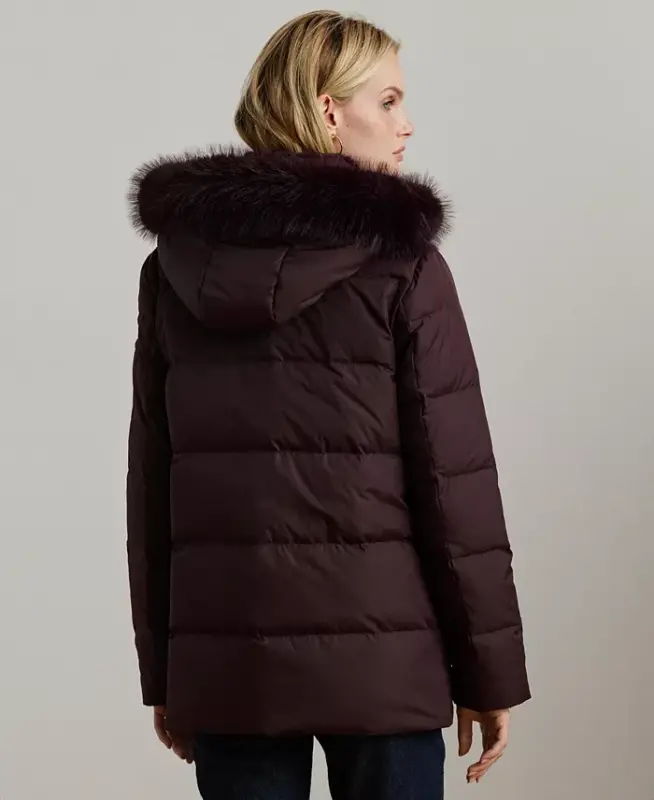 Women's Faux-Fur Hooded Puffer Coat - Pinot Noir - 2