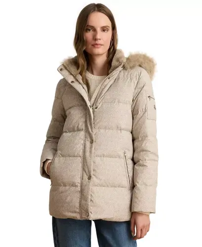 Women's Faux-Fur Hooded Puffer Coat - Truffle Broken Twil - 1