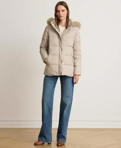 Women's Faux-Fur Hooded Puffer Coat - Truffle Broken Twil - 3