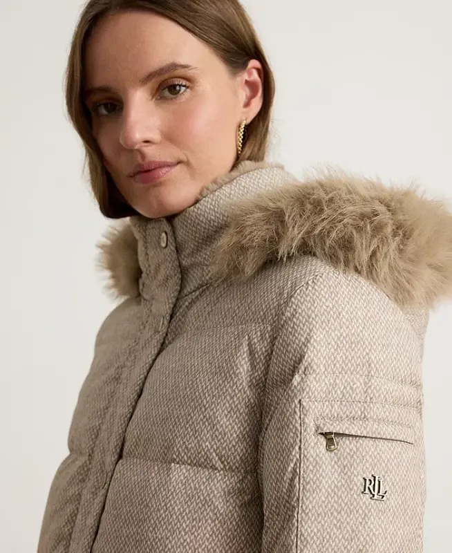 Women's Faux-Fur Hooded Puffer Coat - Truffle Broken Twil - 4