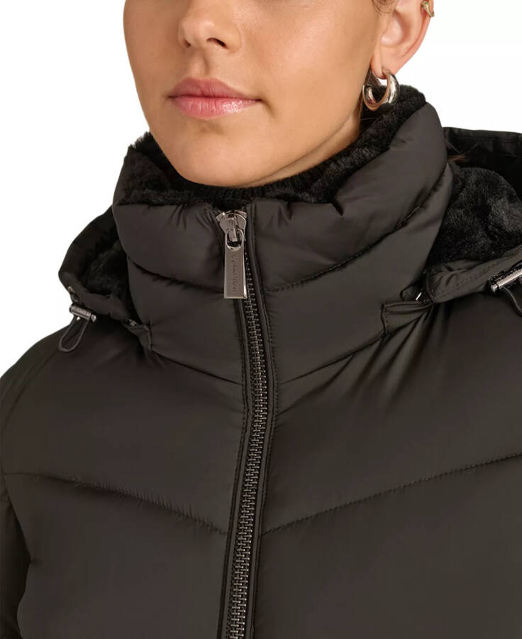 Women's Faux-Fur-Lined Hooded Puffer Coat Black - 4