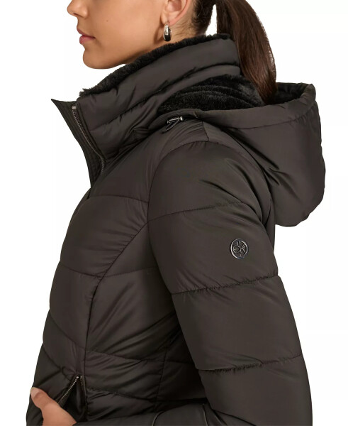 Women's Faux-Fur-Lined Hooded Puffer Coat Black - 5