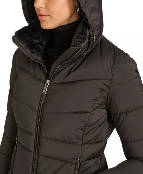 Women's Faux-Fur-Lined Hooded Puffer Coat Black - 6