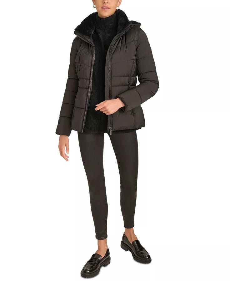 Women's Faux-Fur-Lined Hooded Puffer Coat Black - 7