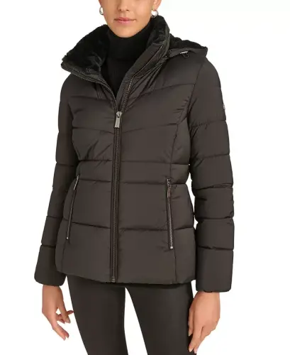 Women's Faux-Fur-Lined Hooded Puffer Coat-Black 