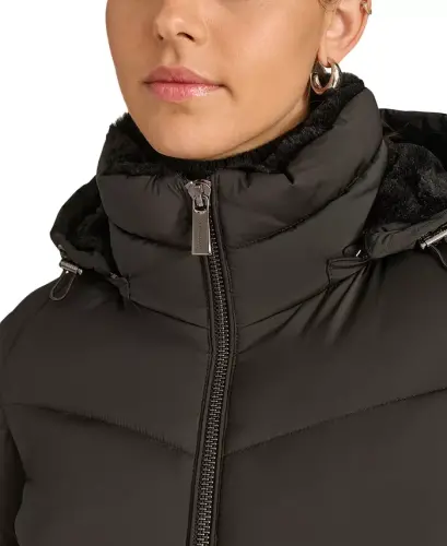 Women's Faux-Fur-Lined Hooded Puffer Coat-Black - 3