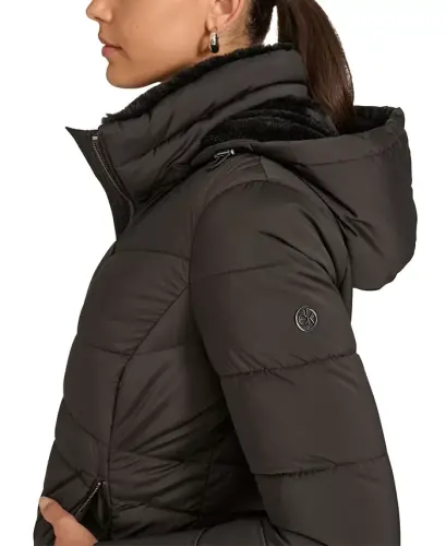 Women's Faux-Fur-Lined Hooded Puffer Coat-Black - 4