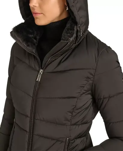 Women's Faux-Fur-Lined Hooded Puffer Coat-Black - 6