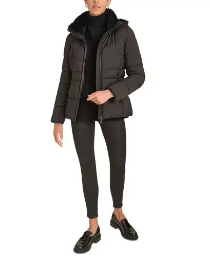 Women's Faux-Fur-Lined Hooded Puffer Coat-Black - 7