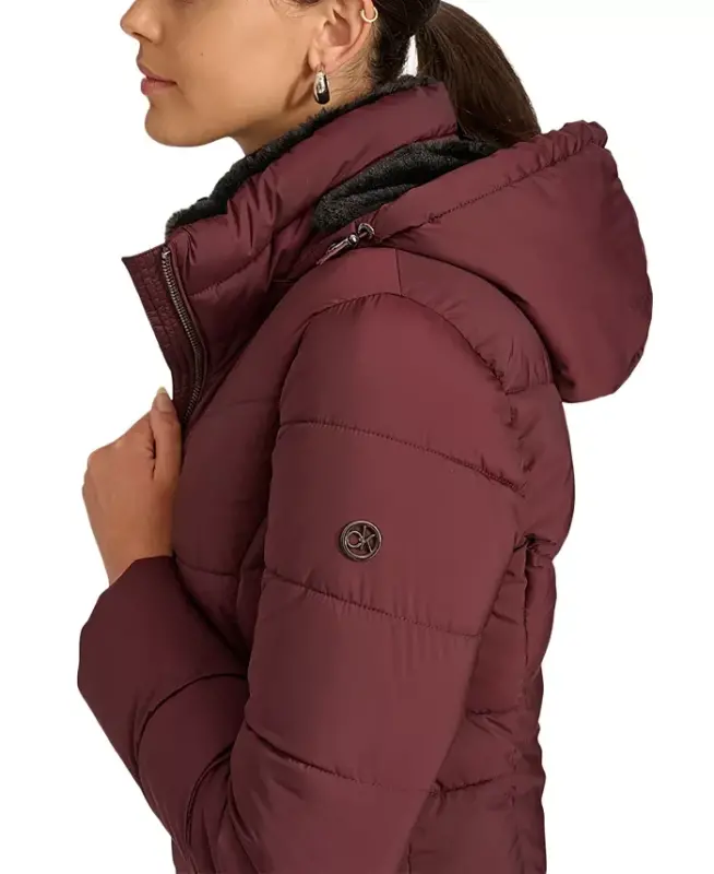 Women's Faux-Fur-Lined Hooded Puffer Coat - Bordeaux - 4