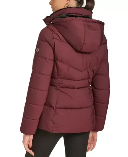 Women's Faux-Fur-Lined Hooded Puffer Coat - Bordeaux - 5