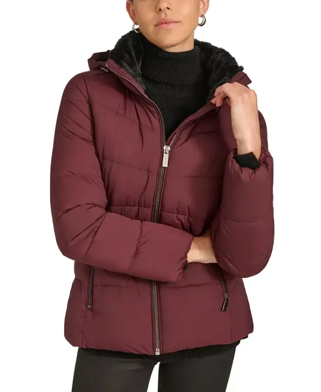 Women's Faux-Fur-Lined Hooded Puffer Coat - Bordeaux - 1