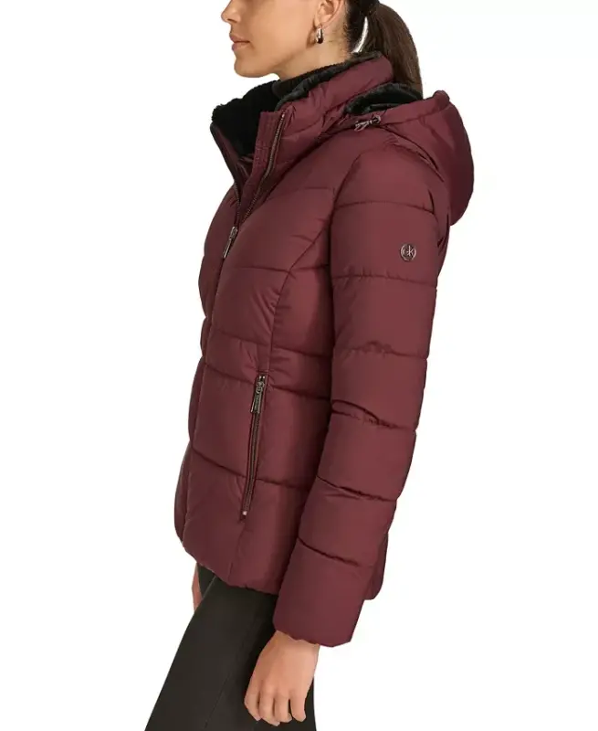 Women's Faux-Fur-Lined Hooded Puffer Coat - Bordeaux - 2