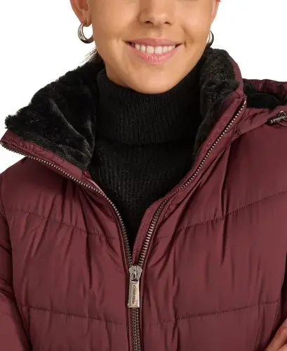 Women's Faux-Fur-Lined Hooded Puffer Coat - Bordeaux - 3