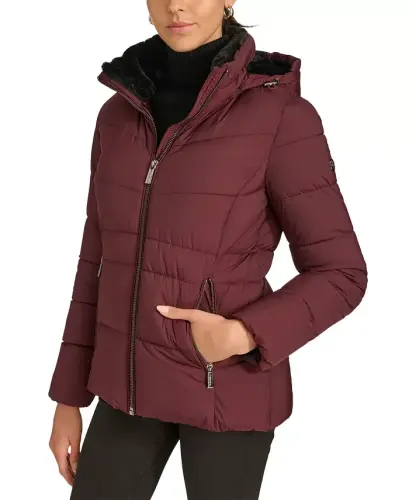 Women's Faux-Fur-Lined Hooded Puffer Coat - Bordeaux - 6