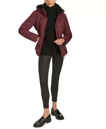 Women's Faux-Fur-Lined Hooded Puffer Coat - Bordeaux - 7