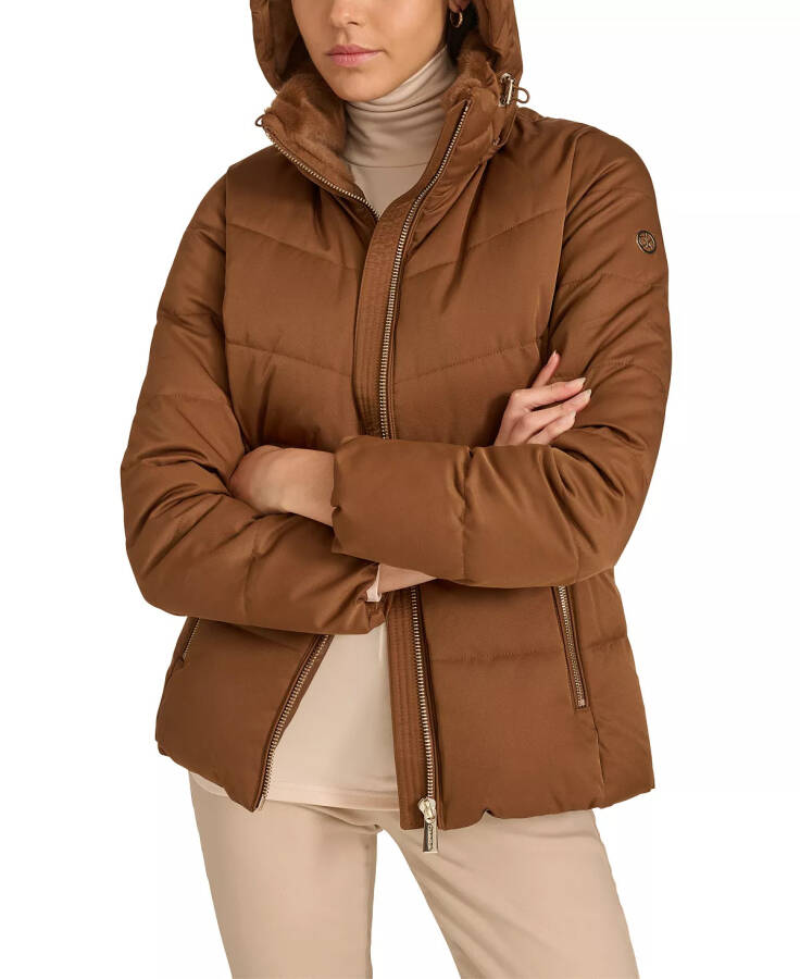 Women's Faux-Fur-Lined Hooded Puffer Coat Chestnut - 7