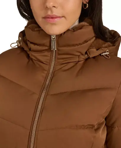 Women's Faux-Fur-Lined Hooded Puffer Coat - Chestnut - 3
