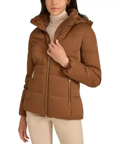 Women's Faux-Fur-Lined Hooded Puffer Coat - Chestnut - 1