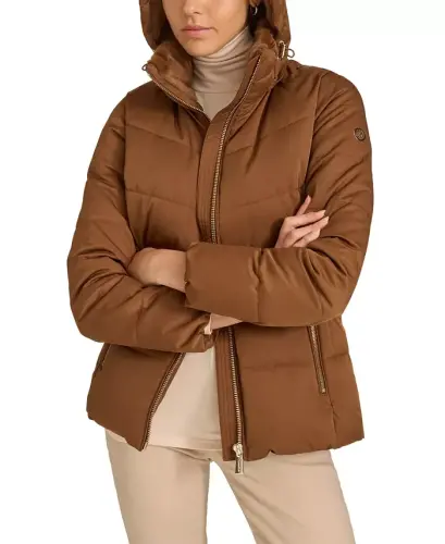 Women's Faux-Fur-Lined Hooded Puffer Coat - Chestnut - 7