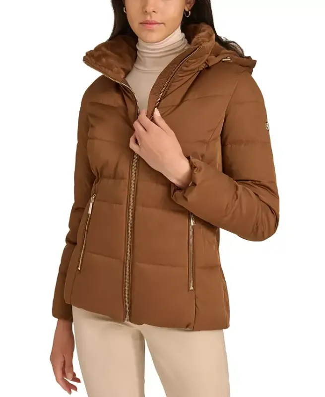 Women's Faux-Fur-Lined Hooded Puffer Coat - Chestnut - CALVIN KLEIN