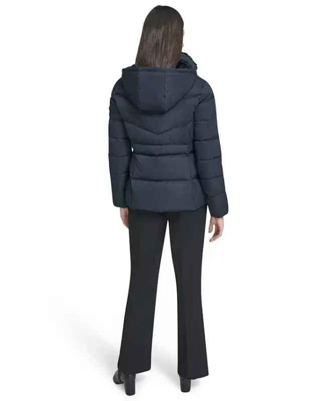 Women's Faux-Fur-Lined Hooded Puffer Coat - Dark Saphire - 2