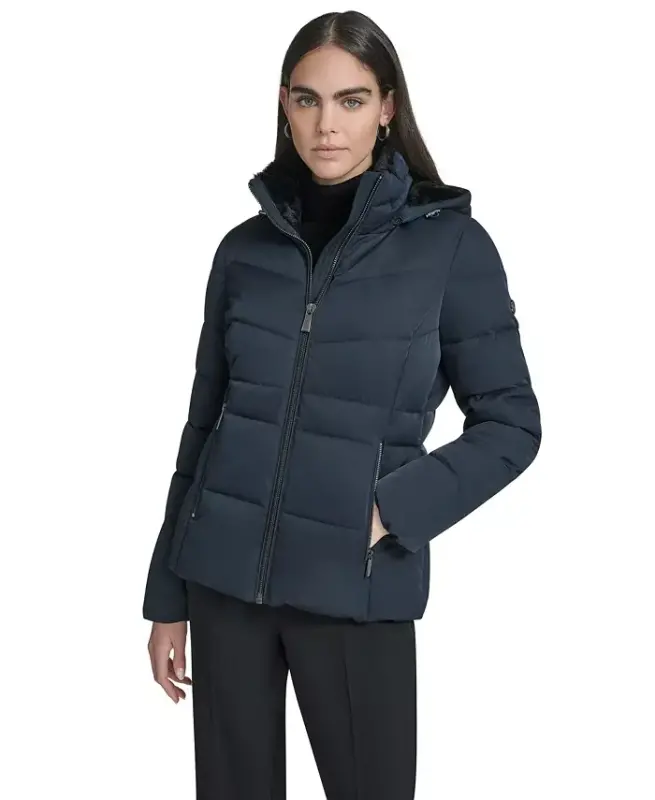 Women's Faux-Fur-Lined Hooded Puffer Coat - Dark Saphire - 1