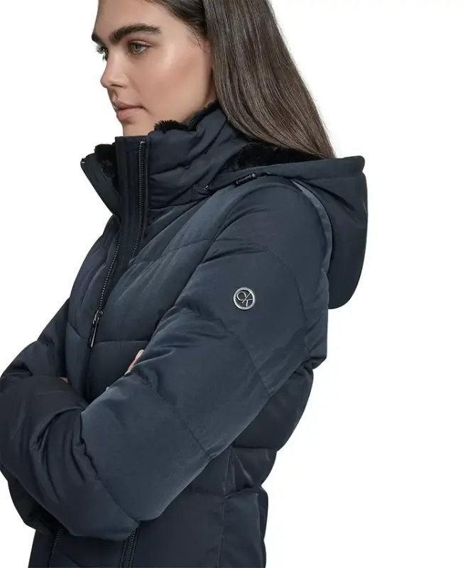 Women's Faux-Fur-Lined Hooded Puffer Coat - Dark Saphire - 4