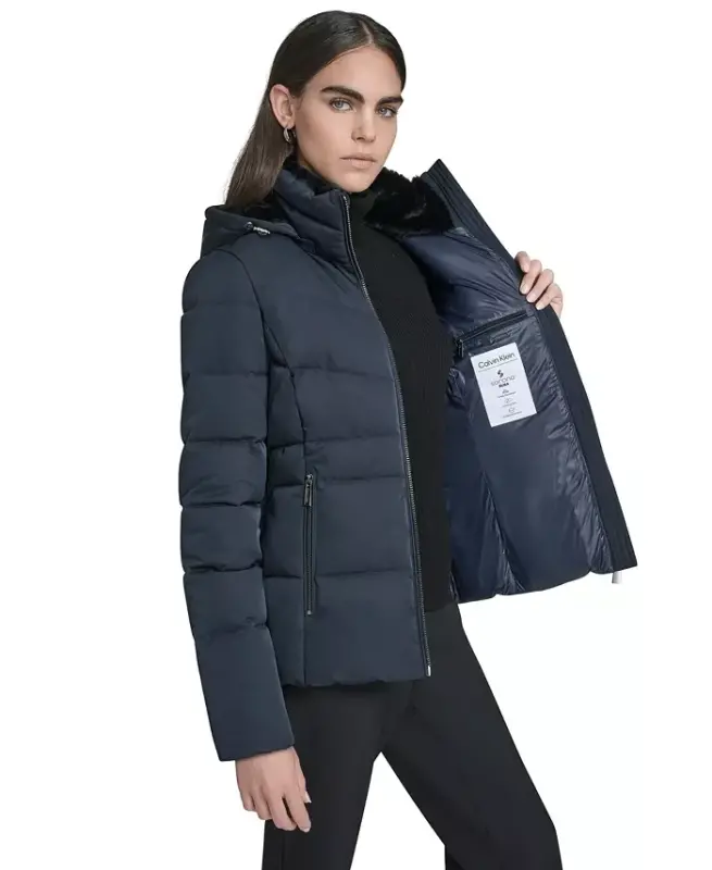 Women's Faux-Fur-Lined Hooded Puffer Coat - Dark Saphire - 5