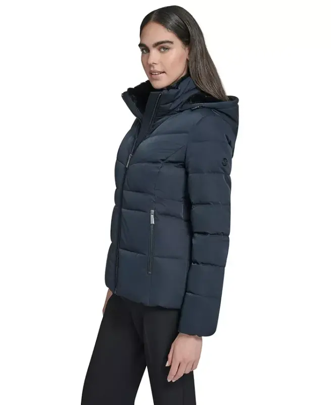 Women's Faux-Fur-Lined Hooded Puffer Coat - Dark Saphire - 6