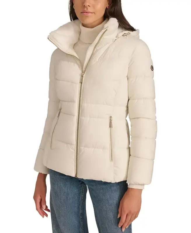 Women's Faux-Fur-Lined Hooded Puffer Coat-Eggshell - 1
