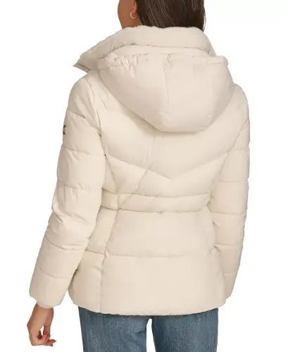 Women's Faux-Fur-Lined Hooded Puffer Coat-Eggshell - 5
