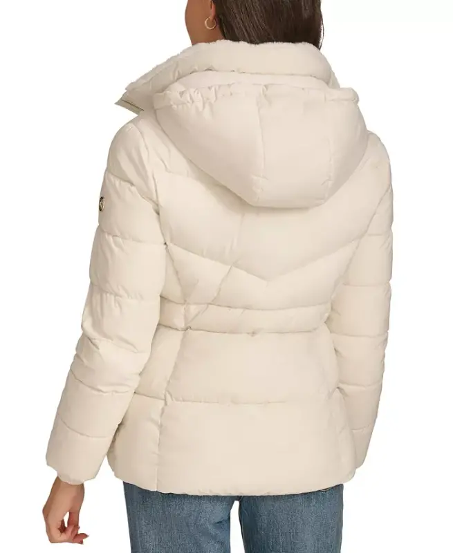 Women's Faux-Fur-Lined Hooded Puffer Coat-Eggshell - 5