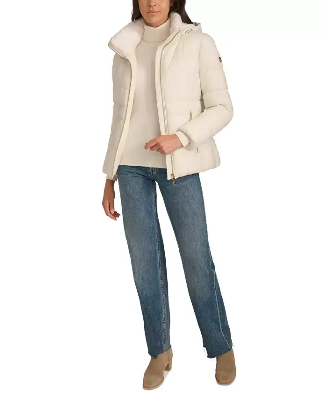 Women's Faux-Fur-Lined Hooded Puffer Coat-Eggshell - 6